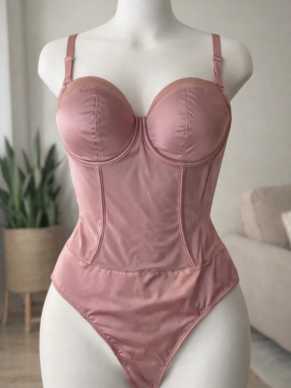 1X NWT  Auden Mauve Satin & Sheer Mesh Lingerie Thong Bodysuit
